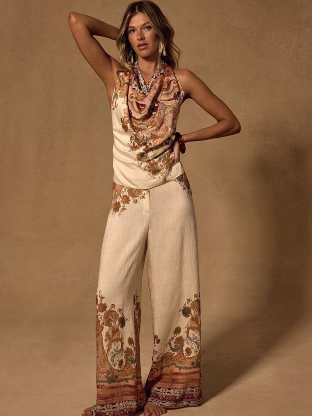 Lulus Paisley Print Cowl Neck Halter Tie Back Top Cream | NWT Size XS - Picture 4 of 15